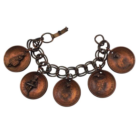 Vintage 1950s South African Coin Charm Bracelet Copper Five Cent Travel Chain - Picture 2 of 14
